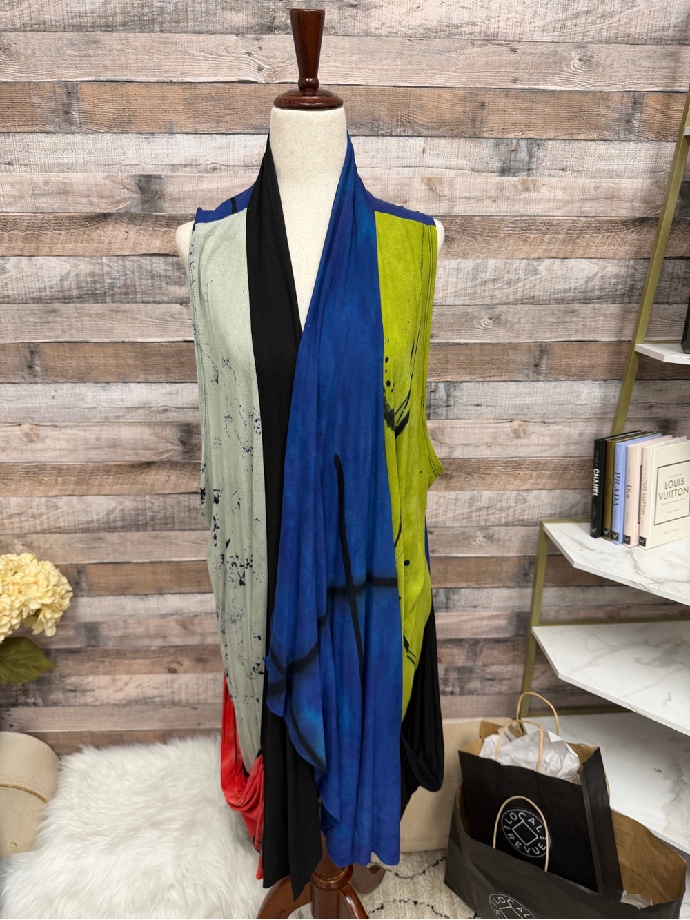 Colorblock Draped Sleeveless Cardigan - Blue, Lime, Gray, Black